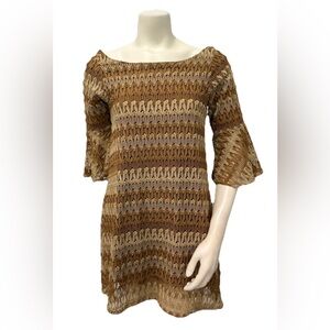 Judith March Boho Crochet Knit Dress Small Brown Tan Open Back Bell Sleeve